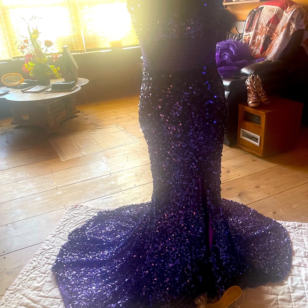Purple sequin body fitting gown/shimmery tulle skirt by Tiffany. Sz 2.